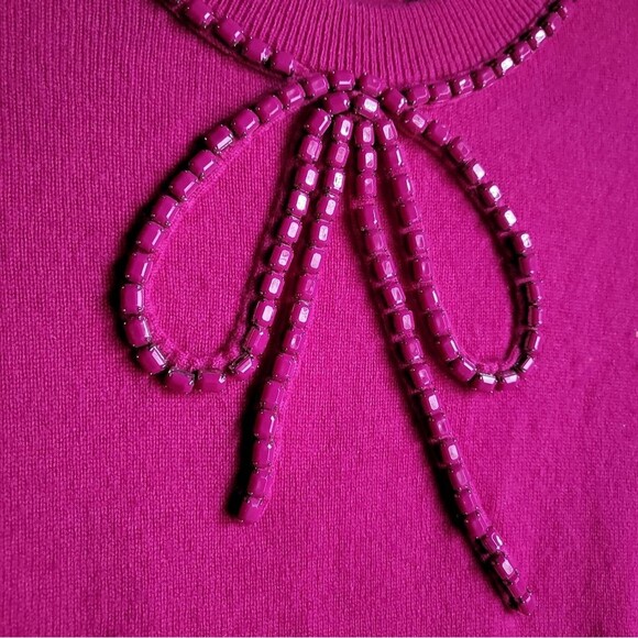 Kate Spade Ellis Bow Jewel Cashmere Wool Sweater Gold Zipper XS Snapdragon Pink - Picture 4 of 9